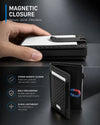 Black slim wallet with magnetic closure, money clip, carbon-fiber design, and secure everyday card storage.