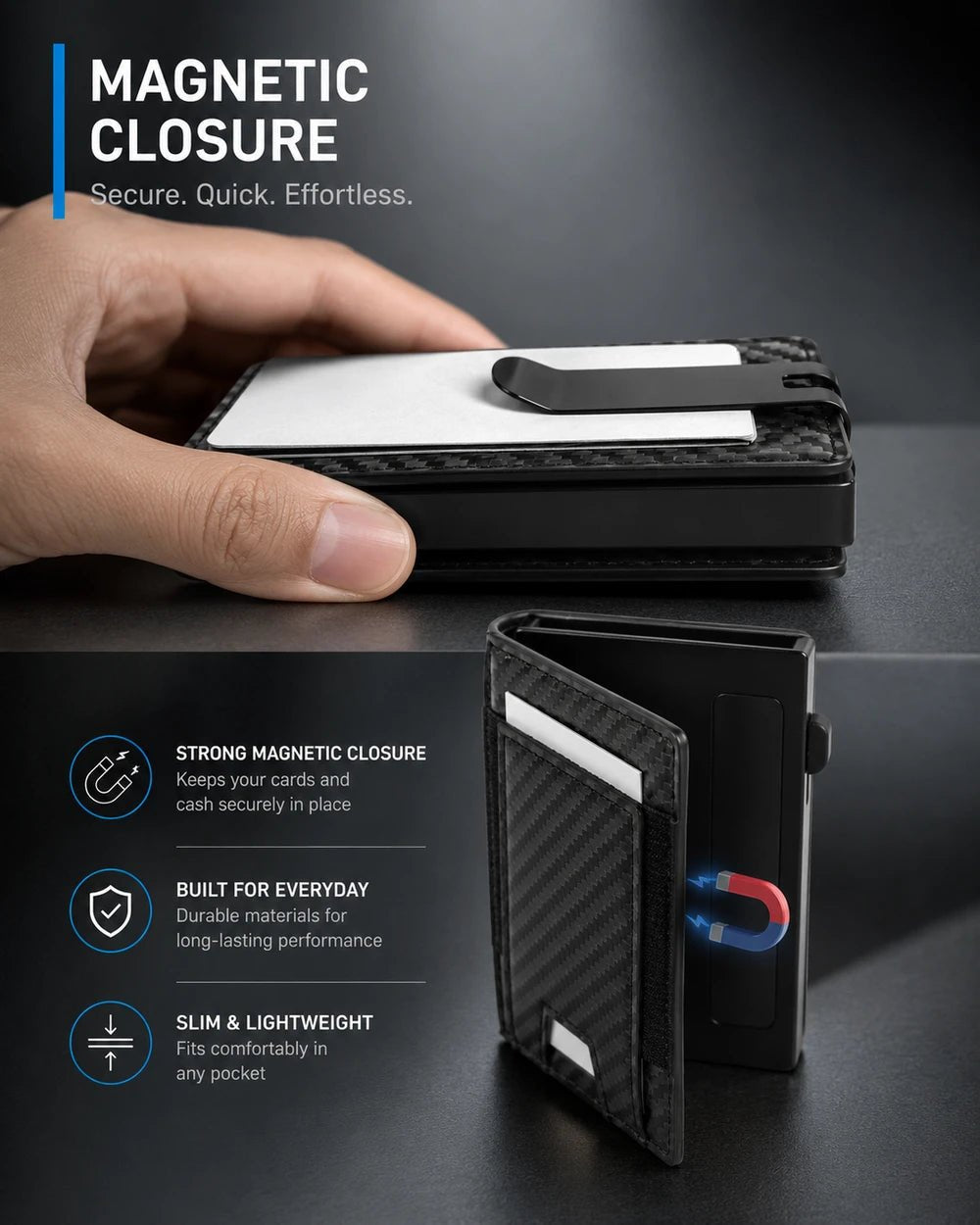 Black slim wallet with magnetic closure, money clip, carbon-fiber design, and secure everyday card storage.