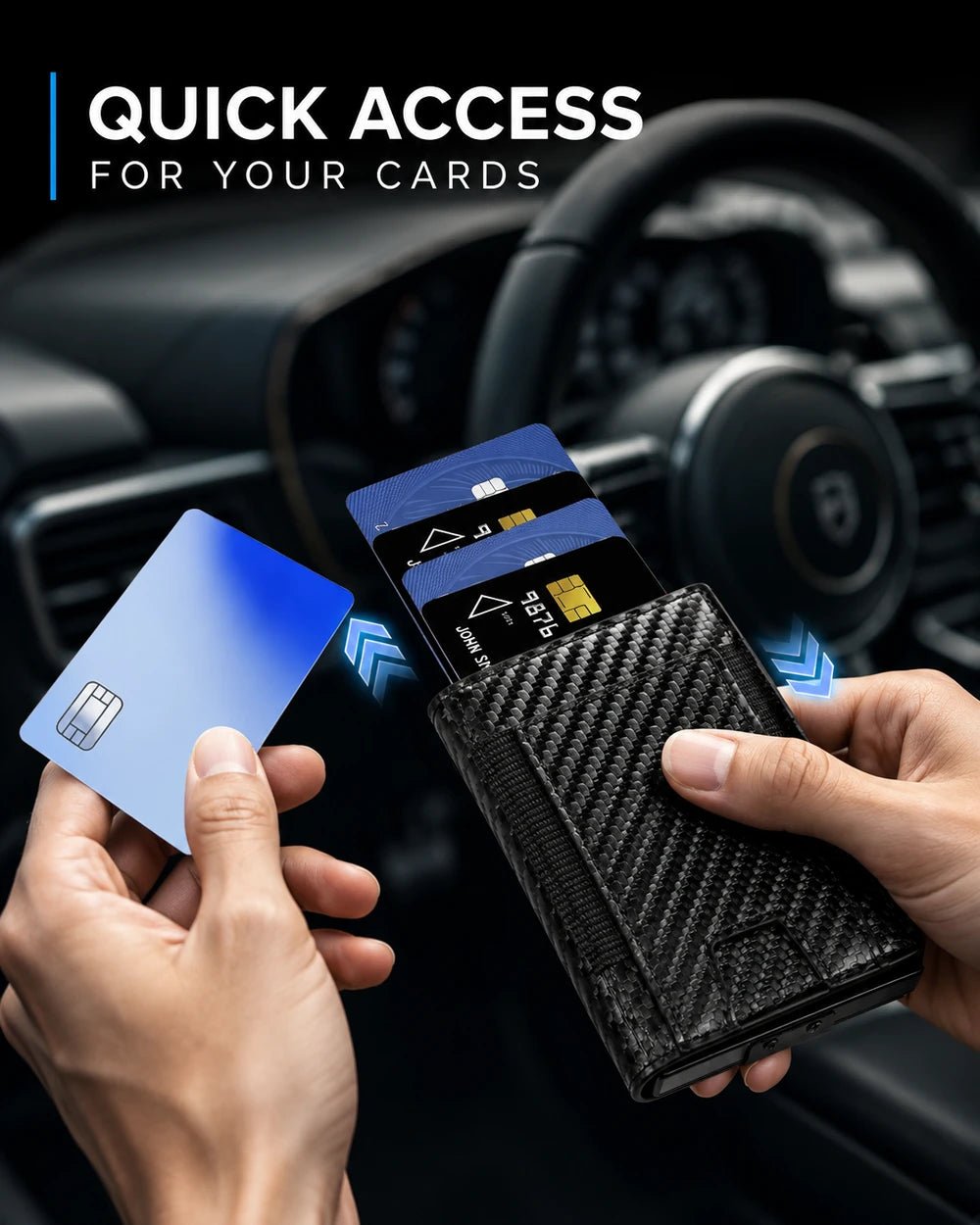 Black slim wallet with pop-up card access, shown in a car with multiple cards for fast, easy everyday use.