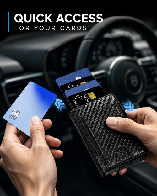 Black slim wallet with pop-up card access, shown in a car with multiple cards for fast, easy everyday use.