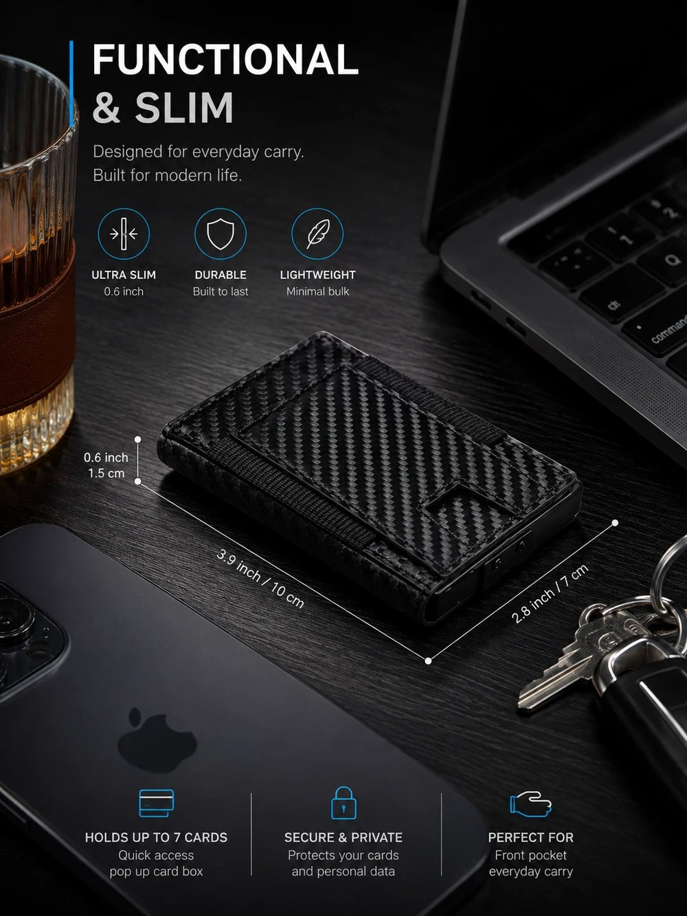 Slim carbon-fiber wallet with 7-card capacity, compact dimensions, lightweight build, and secure everyday carry.