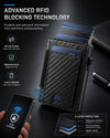 Black RFID-blocking slim wallet with layered protection, pop-up card storage, and carbon-fiber design.