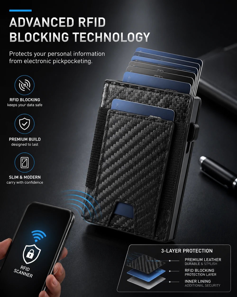 Black RFID-blocking slim wallet with layered protection, pop-up card storage, and carbon-fiber design.