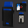 Black carbon-fiber RFID wallet with blue cards, ID window, quick-access slot, and metal money clip.