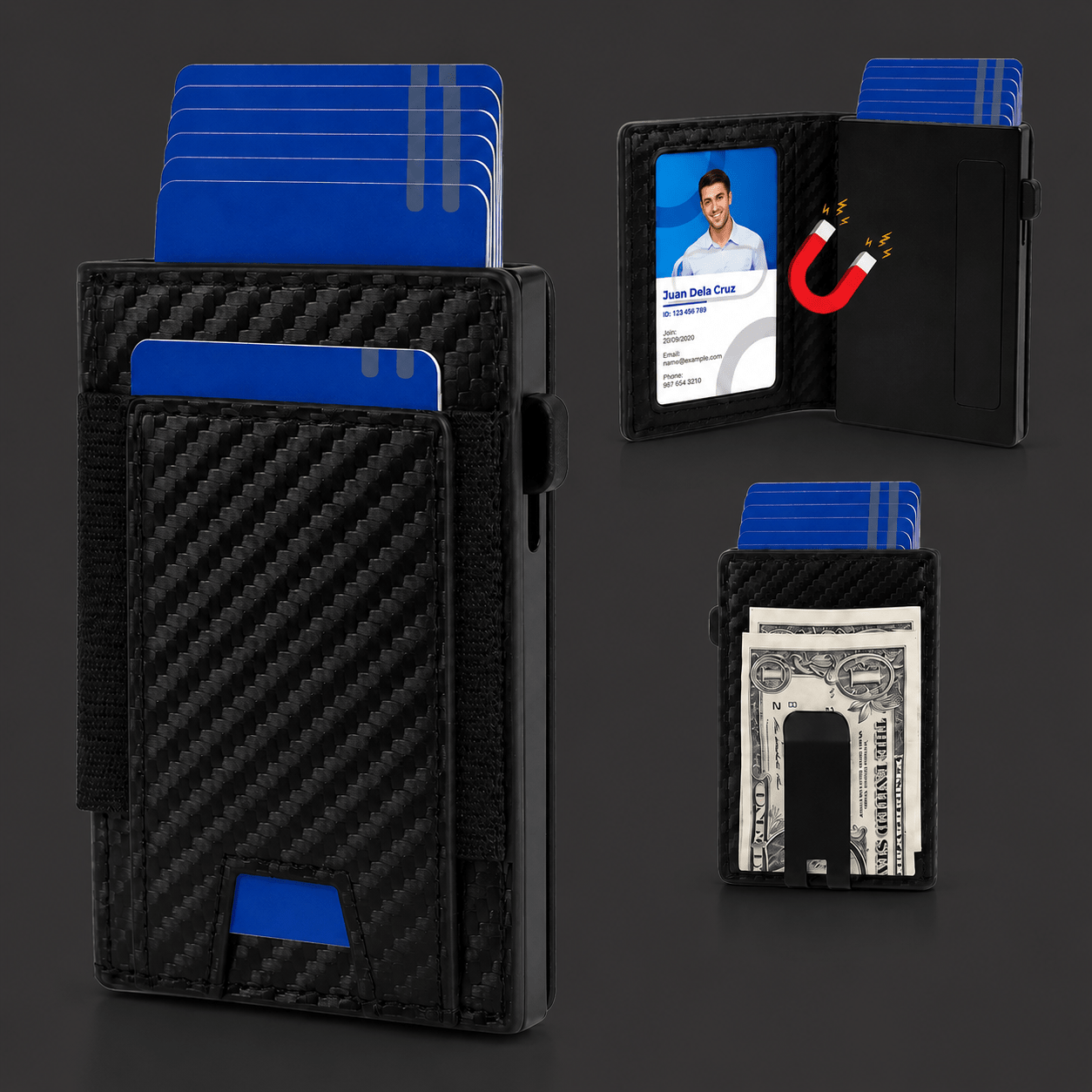 Black carbon-fiber RFID wallet with blue cards, ID window, quick-access slot, and metal money clip.