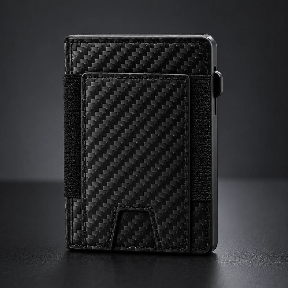 Black carbon-fiber slim wallet with minimalist design, front card pocket, and compact everyday carry profile.