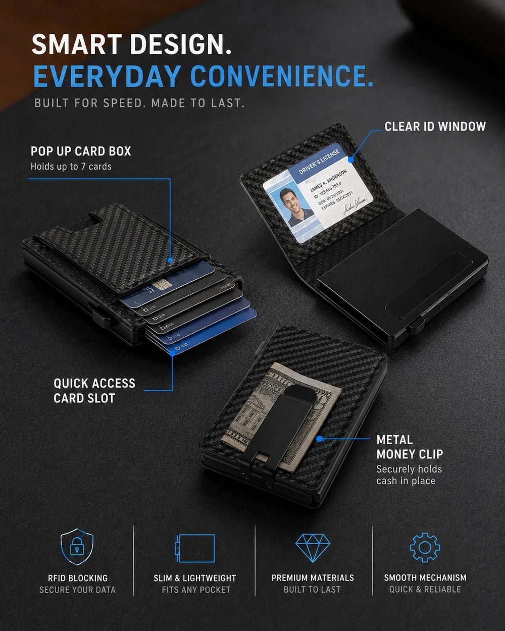 Black RFID wallet with pop-up card box, ID window, quick-access slot, money clip, and slim carbon-fiber design.